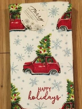 Merry Everything Kitchen Dish Towels Set 2 Red Farmhouse Car Christmas Tree NEW